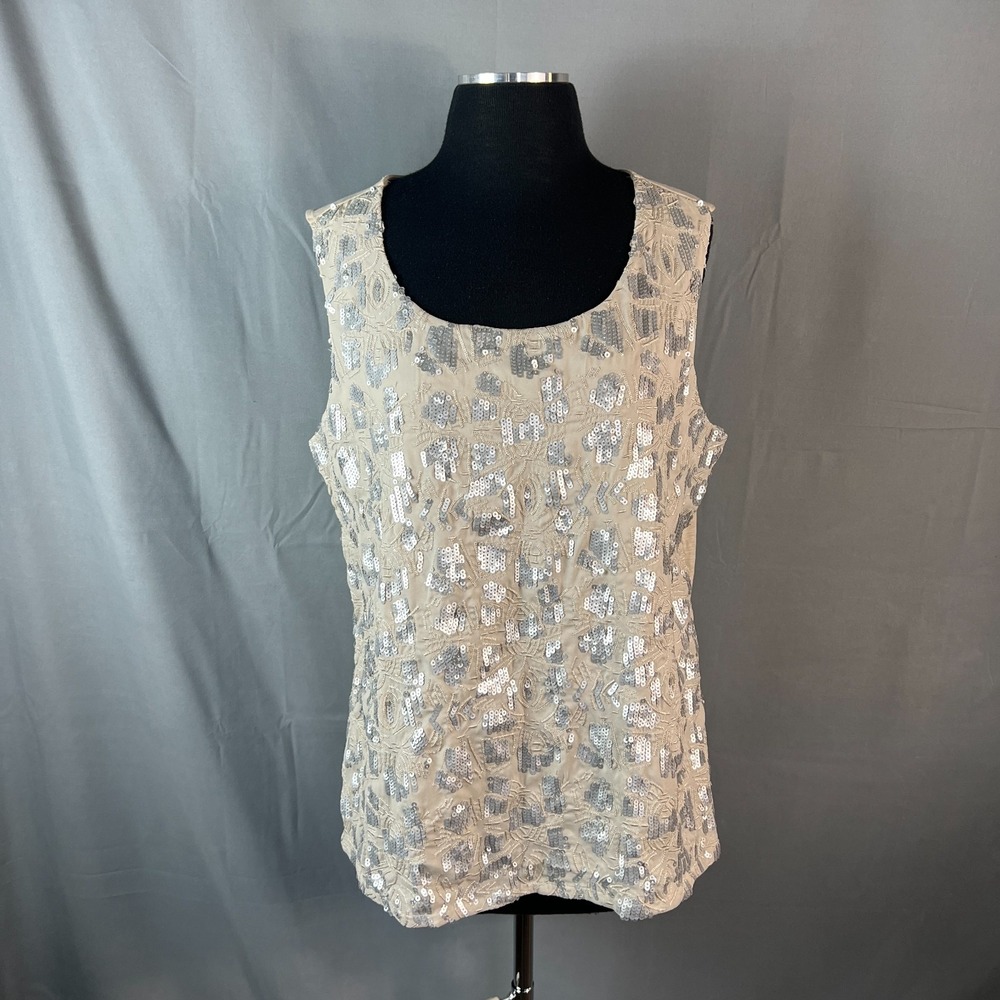 Coldwater Creek Tank Top Womens XL Beige Embroidered Sequin Cotton Wide Straps